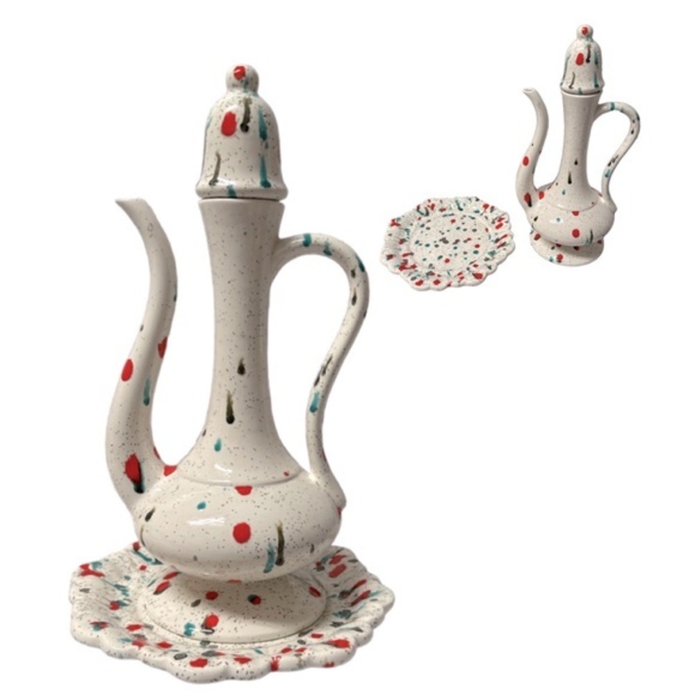Vintage White Speckled w/ olive green, Teal‎ & Orange Teapot & plate 1979 (3pcs)